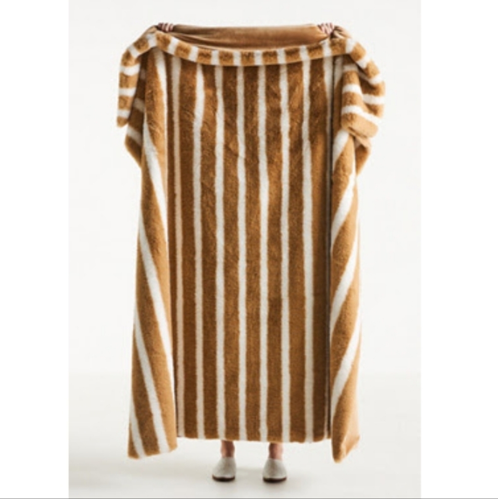 Anthropologie Sophie Faux Fur Throw Blanket Striped Brown Ivory